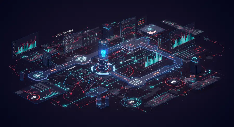 Abstract image representing data flowing through a serverless architecture, with monitoring graphs and troubleshooting tools.